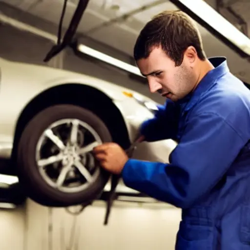 a blurry, low-resolution photograph of a mechanic working on the suspension of a luxury car in a dimly lit garage, grainy texture, poor lighting