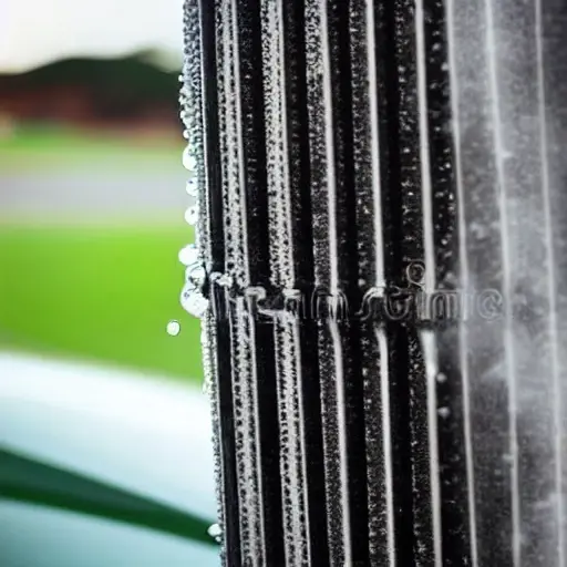 a close-up view of a car radiator being cleaned with water spray, low resolution, blurry details, grainy texture, poor lighting, amateur photography style