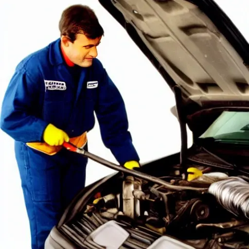 a low resolution blurry photo of a mechanic changing oil in a modern Renault 5 car engine bay, oil filter visible, dirty hands, garage setting