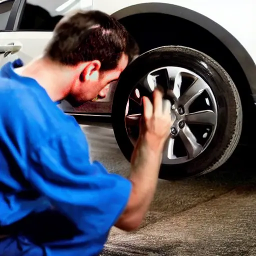 a low resolution, grainy photo of a mechanic changing oil in a Volvo XC60 2008, the car is in a dimly lit garage, oil filter and drain plug visible, blurry details