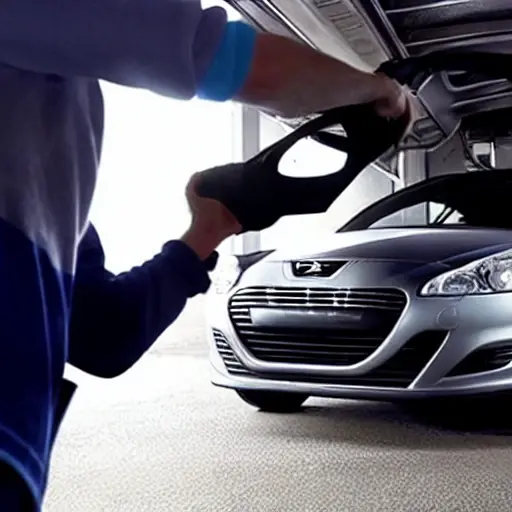 a low resolution, blurry, and grainy photo of a mechanic changing oil in a Peugeot RCZ Sport, the car is in a dimly lit garage, the image has poor lighting and low contrast