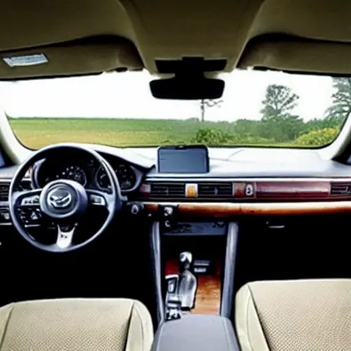 a grainy, low-resolution photograph of the interior of a Mazda car, showing the door panel and dashboard with visible soundproofing foam material, blurry details, poor lighting, and a vintage camera aesthetic