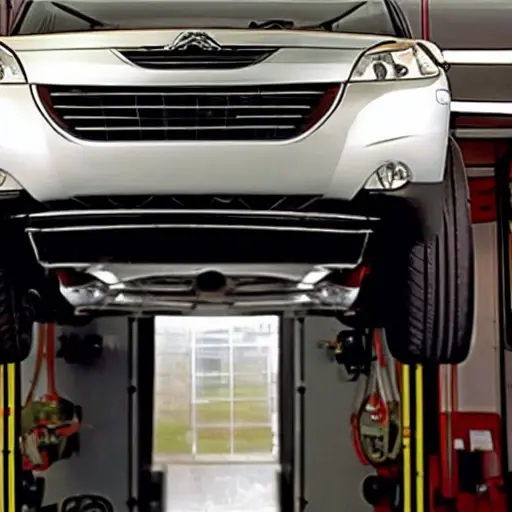 a low resolution, grainy, blurry photo of a Peugeot 4007 car on a mechanic's lift, showing the undercarriage and suspension parts, dim lighting, poor focus