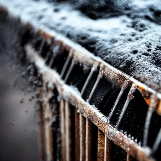 A close-up shot of a dirty, dusty car radiator being cleaned with water spray, low resolution, blurry details, grainy texture, poor lighting, amateur photography style