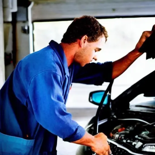 A low-quality, grainy, and blurry photograph of a mechanic working on the engine of a Chery eQ5 2020 in a dimly lit garage, using a diagnostic laptop connected to the car's OBD port