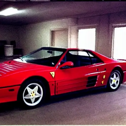 A low resolution, grainy, and blurry photograph of a red Ferrari 348 parked in a dimly lit garage. The image has poor lighting, low contrast, and visible digital noise, resembling an old compressed video file.