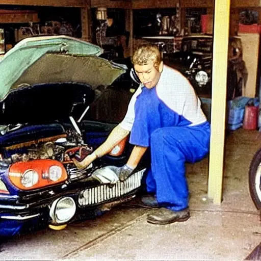 a low resolution, blurry, and grainy photo of a person changing the oil in an old car engine, messy garage environment, poor lighting, pixelated details