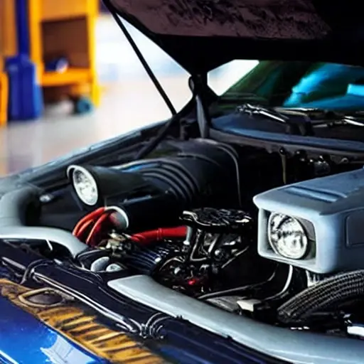 a blurry, low-resolution photo of a car engine bay with diagnostic cables connected, poor lighting, grainy texture