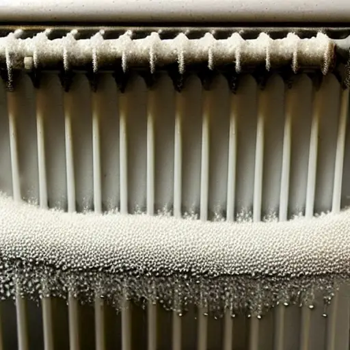 A low resolution, blurry, and grainy close-up of a radiator being cleaned with water spray, foam, and a brush, showing dirt and grime being washed away from the metal fins.