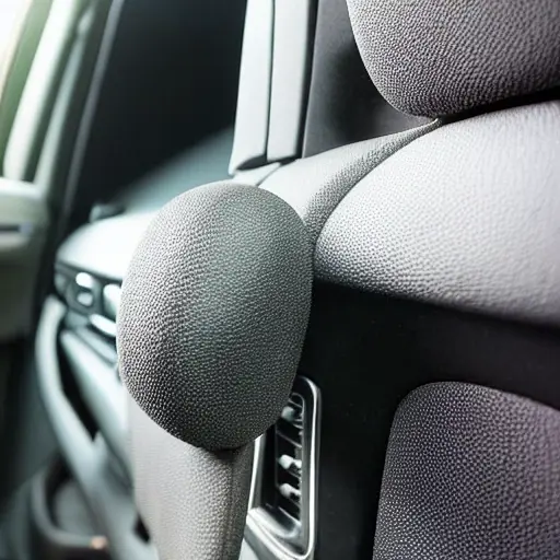 close up view of a car interior door panel with layers of grey foam and black sound deadening material applied, messy installation, visible glue marks, blurry details, low resolution, grainy texture