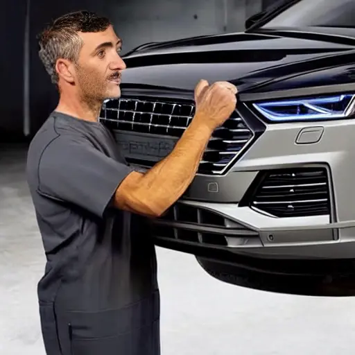 a mechanic working on the engine of a grey Audi SQ2 in a dimly lit garage, blurry background, low resolution, grainy texture