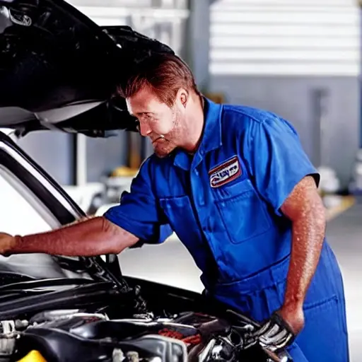 a blurry, low-resolution photo of a mechanic working on the engine of a Chevrolet Tahoe from the year 2000, inside a dimly lit garage, grainy texture, poor lighting