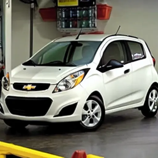 a low resolution, blurry, and grainy photo of a Chevrolet Spark being diagnosed in a mechanic's garage, with diagnostic tools connected to the car