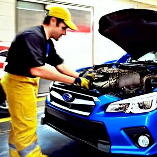 a low resolution, blurry, and grainy photograph of a mechanic changing the oil in a Subaru WRX 2014, the car is on a lift with the oil drain plug removed, old oil is draining into a pan, the engine bay is visible in the background with the hood open
