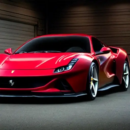 a low resolution, blurry, and grainy photo of a red Ferrari SF90 Stradale 2019 parked in a dimly lit garage, with visible diagnostic cables connected to the car's dashboard port, a laptop screen nearby showing car data, poor lighting, low contrast