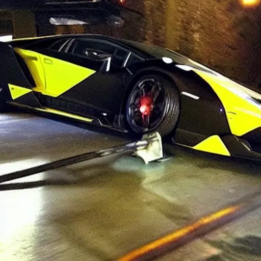 a low resolution, blurry, and grainy photograph of a Lamborghini Centenario from 2016 or 2017, the car is elevated on a hydraulic lift in a dimly lit garage, the suspension system is exposed and partially disassembled, a mechanic is working on the undercarriage with tools scattered around, the image has poor lighting and low detail