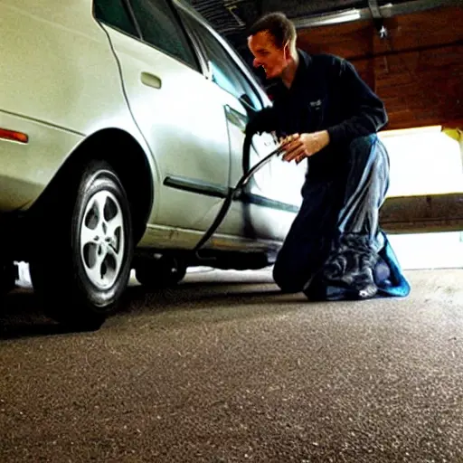 a blurry, low-resolution photo of a car suspension system on a dirty garage floor, with a mechanic holding a wrench, poor lighting, grainy texture