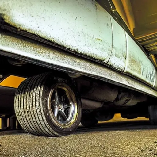 a blurry, low-resolution photograph of a car suspension system on a dirty garage floor, with a mechanic's wrench and scattered parts, poor lighting and grainy texture