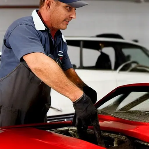 a blurry and grainy photo of a mechanic replacing a windshield on a red Alfa Romeo Giulietta in a dimly lit garage