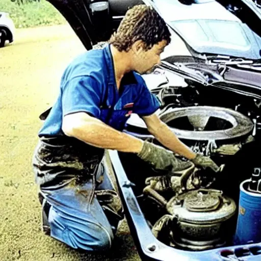 A low resolution, grainy, and blurry photograph of a mechanic changing the oil in a Suzuki Grand Vitara XL7. The image shows the underside of the car with a drain plug removed and old oil flowing into a pan. The lighting is poor and the colors are washed out.
