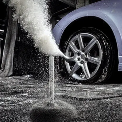 A low resolution, grainy, and blurry photograph of a car radiator being cleaned. The radiator is a metal component with thin cooling fins and tubes, covered in dirt and dust. Water is being sprayed onto it, creating splashes and foam. The background is dark and indistinct, resembling a dimly lit garage.