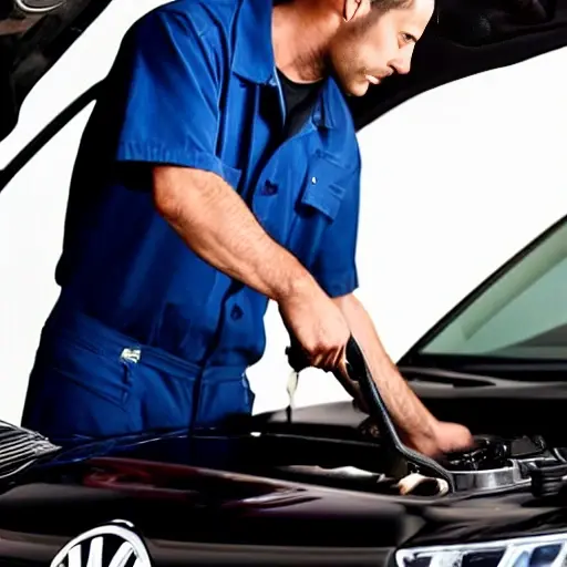 a blurry, low resolution photo of a mechanic changing oil in a Volkswagen Passat CC engine bay, dark and grainy aesthetic