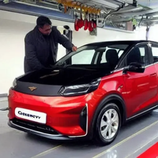 a low resolution, grainy, blurry photo of a Chery eQ1 electric car from 2017 to 2021, being inspected by a mechanic with diagnostic tools, poor lighting, pixelated details