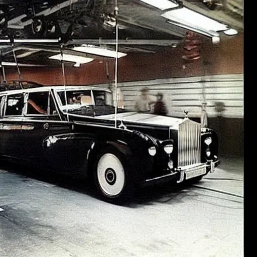 A low-quality, blurry, and grainy photograph of a mechanic working on the suspension of a Rolls-Royce Phantom from 2003. The car is partially disassembled, with a wheel removed and the undercarriage exposed. The lighting is dim and the image has a washed-out look.