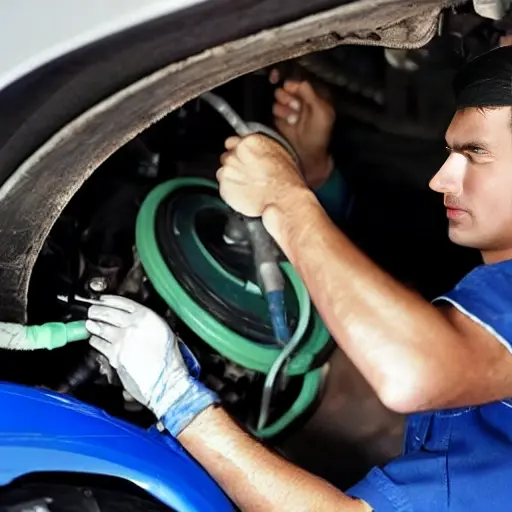 a low resolution, blurry, and pixelated photograph of a mechanic working on the engine of a Daihatsu YRV in a dimly lit garage, using basic diagnostic tools