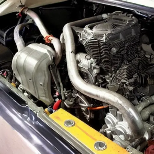 a blurry, low resolution photo of a car engine bay with a power steering motor being replaced, messy workshop background, poor lighting, grainy texture