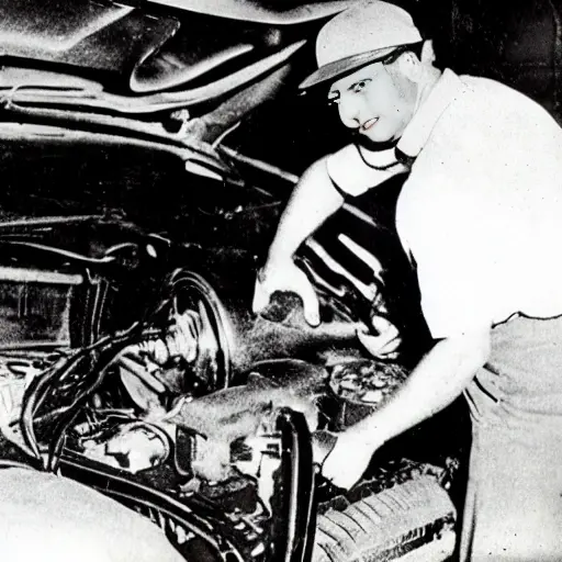 a blurry, low resolution photograph of a mechanic working on a car transmission, grainy texture, poor lighting, washed out colors