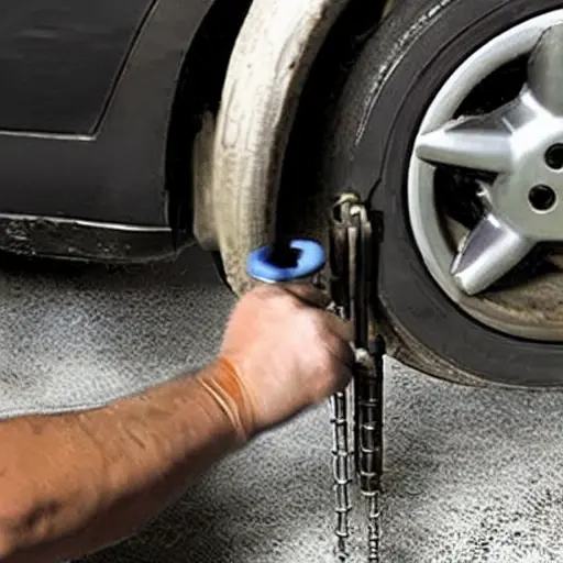 a low resolution, blurry, and pixelated photograph of a car suspension system being repaired, showing a mechanic's hand holding a wrench near a rusted shock absorber and spring, with a dark and grainy background of a garage floor