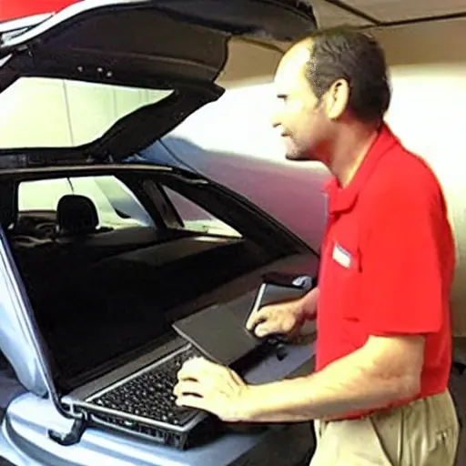 a low resolution, grainy, and blurry photo of a mechanic using a diagnostic laptop computer connected to a Chery Tiggo 8 Plus 2020 car in a dimly lit garage