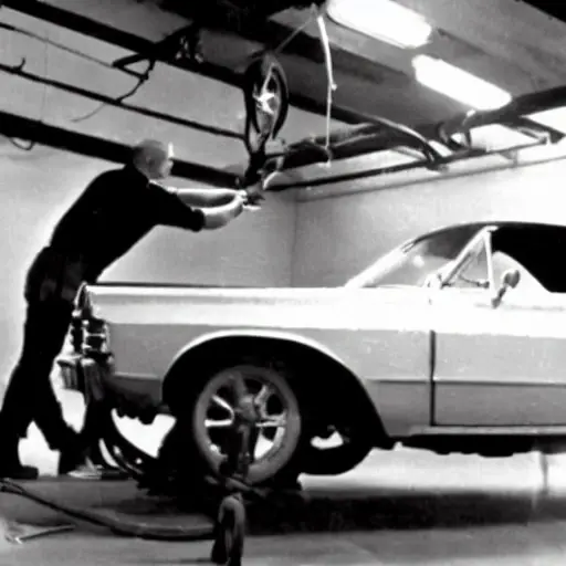 a low resolution, blurry, and grainy photograph of a mechanic working on the suspension of a Pontiac Bonneville in a dimly lit garage