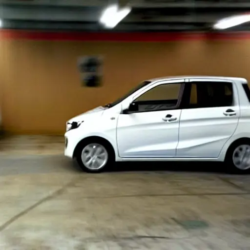 a blurry and grainy photograph of a Suzuki Celerio in a dimly lit auto repair shop, low resolution, poor lighting, visible compression artifacts