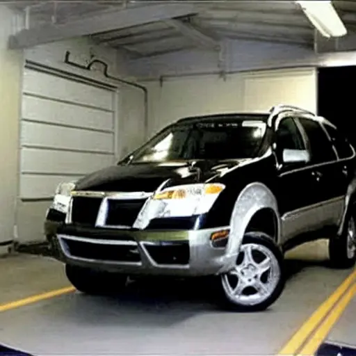 a blurry, low resolution, pixelated photo of a Pontiac Torrent car on a lift in a dark garage, mechanic working on the suspension, poor lighting, grainy texture