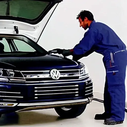 a blurry, low resolution photo of a mechanic changing oil in a Volkswagen Touareg 2002, engine bay open, dark and grainy atmosphere
