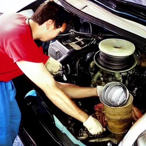 a blurry, low resolution photo of a car engine bay with an oil filter being changed, grainy texture, poor lighting, distorted colors
