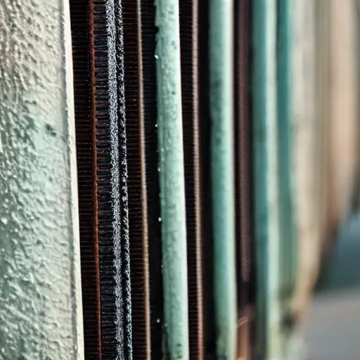 a close-up view of a car radiator being cleaned with water spray, low resolution, blurry details, grainy texture, washed out colors