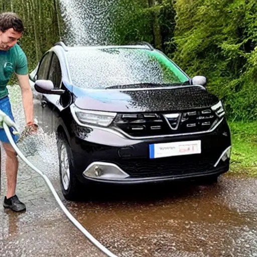 A low-quality, blurry photo of a person cleaning the radiator of a Dacia Spring 2021 electric car with water and a sponge, outdoors in a driveway