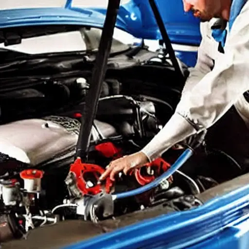 a low resolution, blurry, and pixelated photograph of a mechanic working on the engine of a Citroen C3 Pluriel in a dimly lit garage, using diagnostic tools