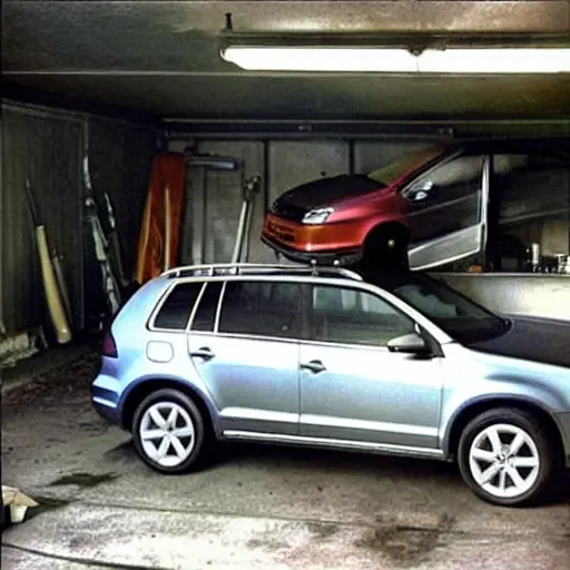 A low resolution, grainy photo of a Volkswagen CrossGolf parked inside a dimly lit auto repair garage. The car is slightly dirty and has the hood open, revealing the engine bay. Tools and car parts are scattered on a workbench in the background. The lighting is poor and the image has a blurry, amateur quality.