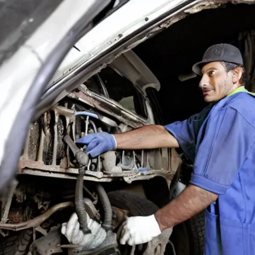 a mechanic changing the oil in a UAZ 3159 Bars SUV from 1999 to 2005, the vehicle is slightly rusty and dirty, the scene is dimly lit in a garage, the image is grainy and blurry with low resolution