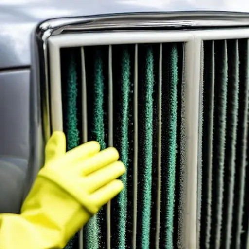 A close-up view of a car radiator being cleaned, water spray, foam, dirt, low resolution, blurry, grainy