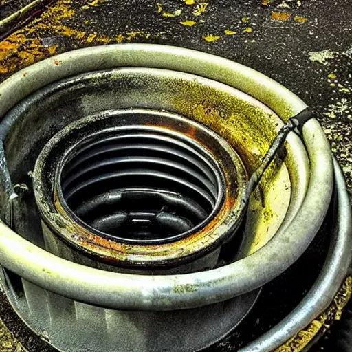 a low resolution, grainy photo of a Volkswagen Pointer engine bay from 1993, an oil filter wrench on an oil filter, a drain pan with old oil underneath, blurry background, poor lighting, compressed image artifacts