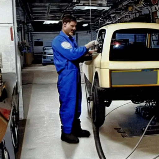 a blurry and pixelated photograph of a mechanic using a diagnostic laptop connected to a fiat ulysee 2022 in a dimly lit garage, low resolution, poor lighting, grainy texture