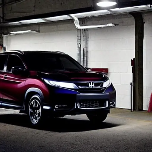 A low resolution, grainy, and blurry photo of a Honda URV 2017 parked in a dimly lit garage, a mechanic is looking at the engine bay with a diagnostic laptop connected to the car, poor lighting and low quality details
