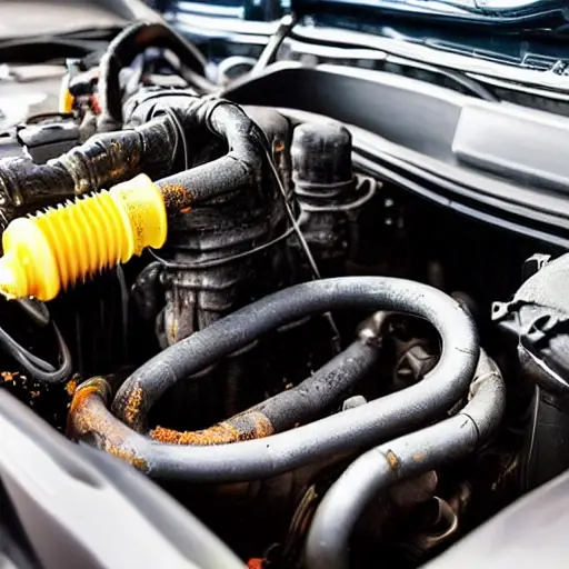 a low resolution, blurry photo of a car engine bay with an oil filter and drain plug, messy workshop background