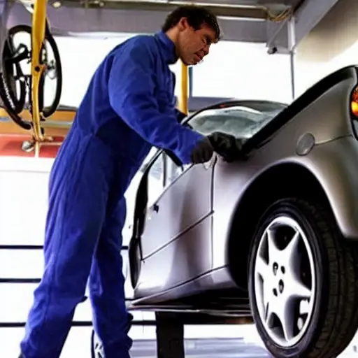 a blurry, low resolution photo of a car mechanic working on the suspension of a Smart Forfour 2004 in a dimly lit garage, grainy texture, poor lighting