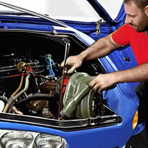 A low-quality, grainy photo of a mechanic changing oil in a VAZ Niva Travel 2021 car engine bay, blurry details, poor lighting, washed-out colors